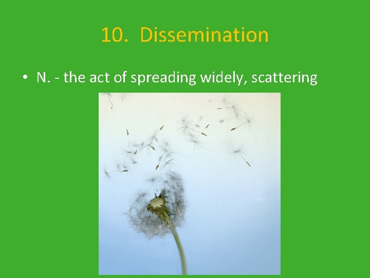 10. Dissemination • N. - the act of spreading widely, scattering 