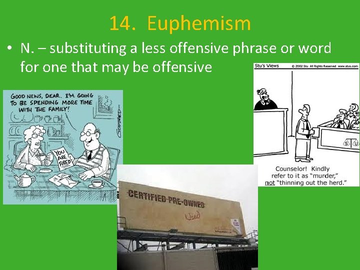 14. Euphemism • N. – substituting a less offensive phrase or word for one
