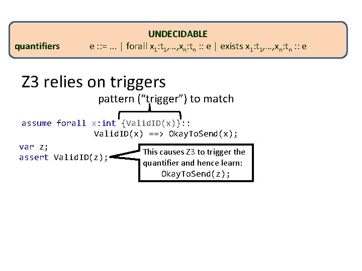 quantifiers UNDECIDABLE e : : =. . . | forall x 1: t 1,