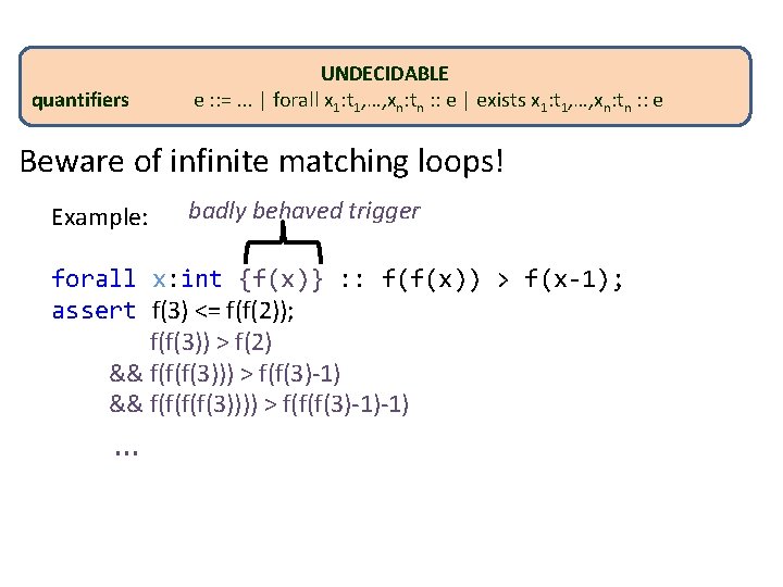 quantifiers UNDECIDABLE e : : =. . . | forall x 1: t 1,