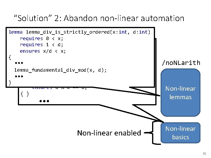 “Solution” 2: Abandon non-linear automation lemma_div_is_strictly_ordered(x: int, d: int) requires 0 < x; lemma_fundamental_div_mod(x: