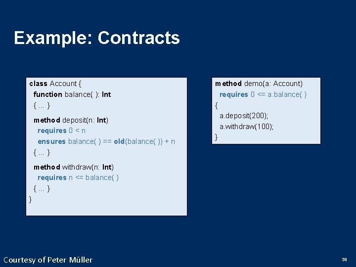 Example: Contracts class Account { function balance( ): Int {…} method deposit(n: Int) requires