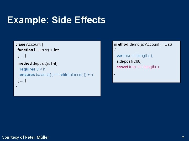 Example: Side Effects class Account { function balance( ): Int {…} method deposit(n: Int)