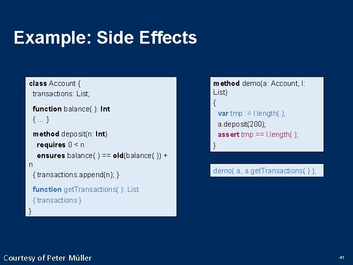 Example: Side Effects class Account { transactions: List; function balance( ): Int {…} method