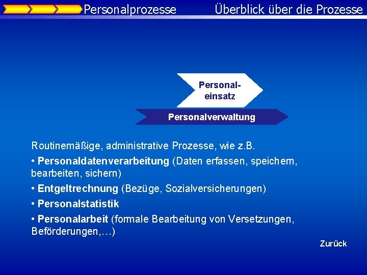 Personalprozesse Überblick über die Prozesse Personaleinsatz Personalverwaltung Routinemäßige, administrative Prozesse, wie z. B. •