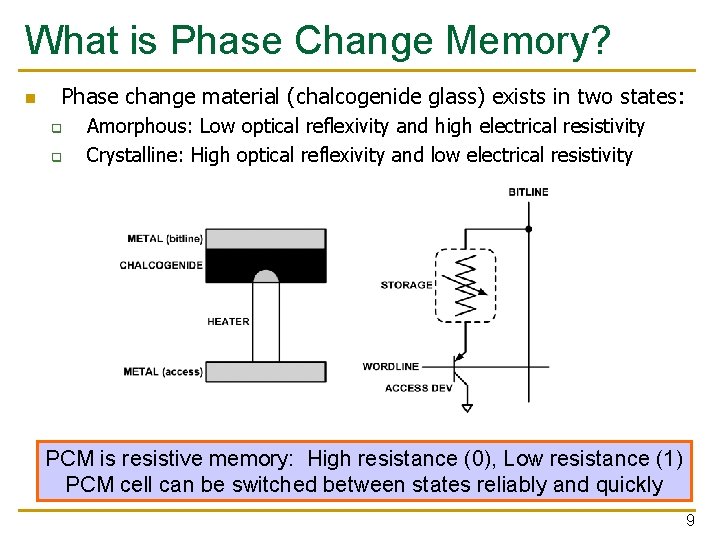 What is Phase Change Memory? n Phase change material (chalcogenide glass) exists in two