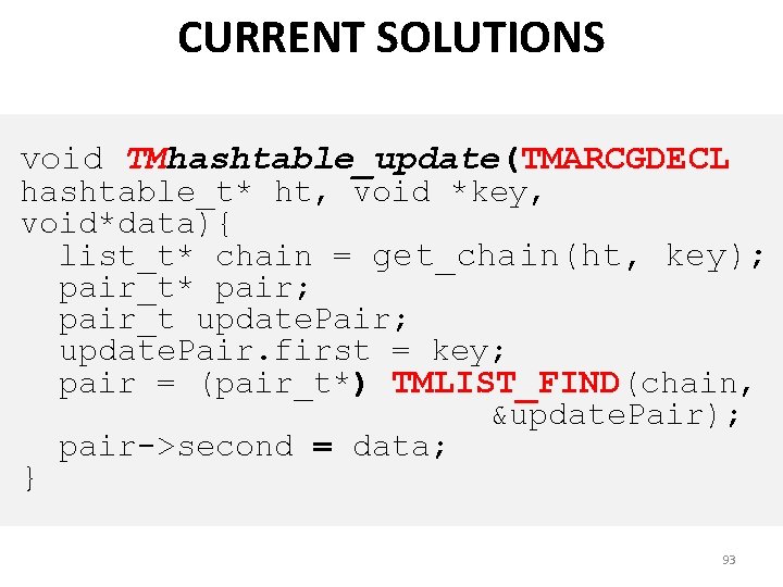 CURRENT SOLUTIONS void TMhashtable_update(TMARCGDECL hashtable_t* ht, void *key, void*data){ list_t* chain = get_chain(ht, key);