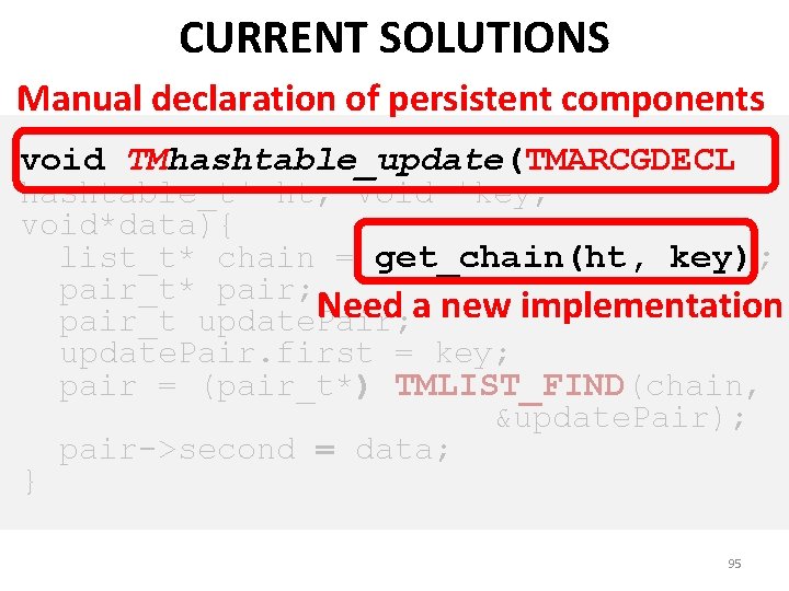 CURRENT SOLUTIONS Manual declaration of persistent components void TMhashtable_update(TMARCGDECL hashtable_t* ht, void *key, void*data){
