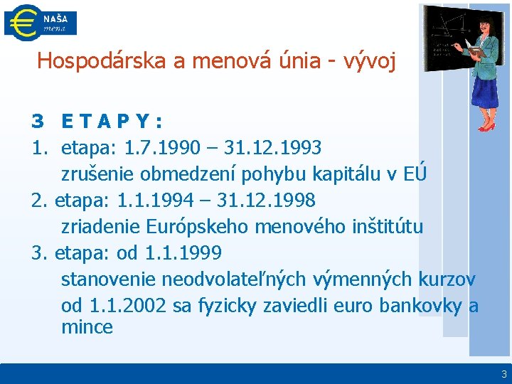 Hospodárska a menová únia - vývoj 3 ETAPY: 1. etapa: 1. 7. 1990 –