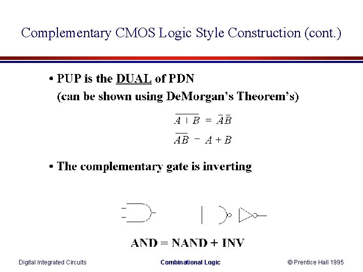 Complementary CMOS Logic Style Construction (cont. ) Digital Integrated Circuits Combinational Logic © Prentice Complementary CMOS Logic Style Construction (cont. ) Digital Integrated Circuits Combinational Logic © Prentice