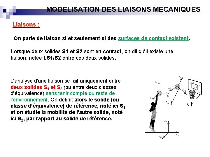 MODELISATION DES LIAISONS MECANIQUES Liaisons : On parle de liaison si et seulement si