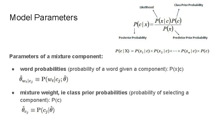 Model Parameters of a mixture component: ● word probabilities (probability of a word given