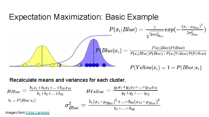 Expectation Maximization: Basic Example Recalculate means and variances for each cluster. Images from Victor