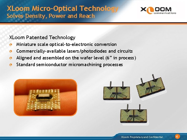 XLoom Micro-Optical Technology Solves Density, Power and Reach XLoom Patented Technology Miniature scale optical-to-electronic