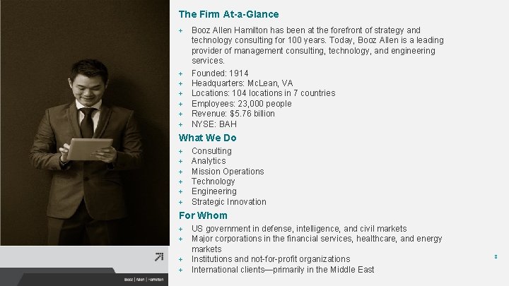 The Firm At-a-Glance + + + + Booz Allen Hamilton has been at the