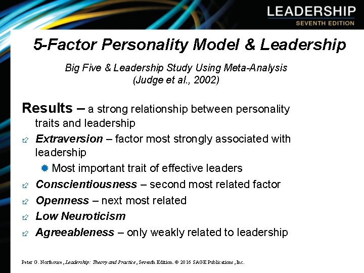 5 -Factor Personality Model & Leadership Big Five & Leadership Study Using Meta-Analysis (Judge