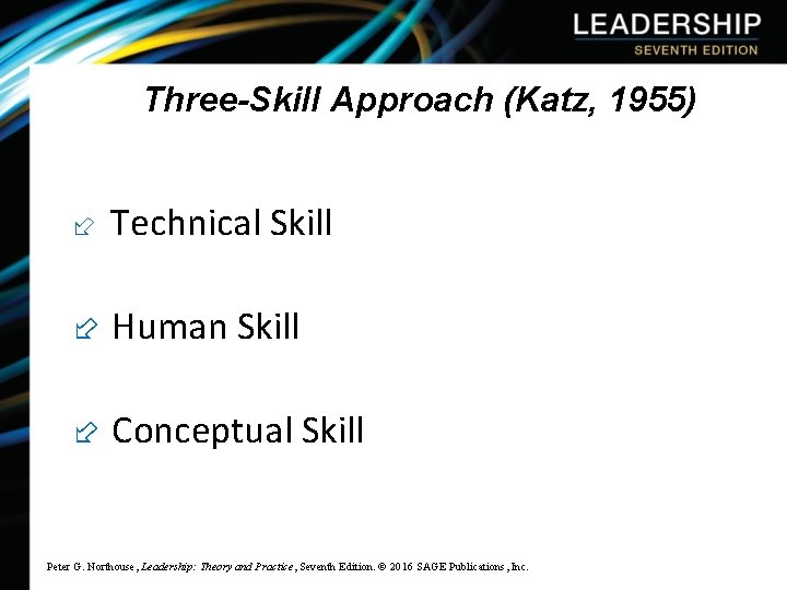 Three-Skill Approach (Katz, 1955) Technical Skill Human Skill Conceptual Skill Peter G. Northouse, Leadership: