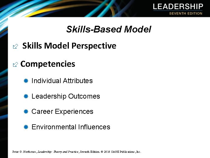 Skills-Based Model Skills Model Perspective Competencies ® Individual Attributes ® Leadership Outcomes ® Career