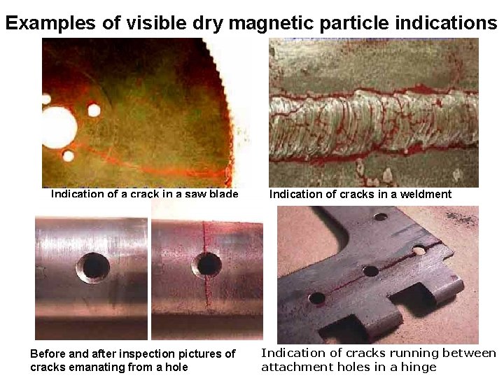 Examples of visible dry magnetic particle indications Indication of a crack in a saw