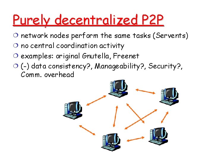 Purely decentralized P 2 P network nodes perform the same tasks (Servents) no central Purely decentralized P 2 P network nodes perform the same tasks (Servents) no central