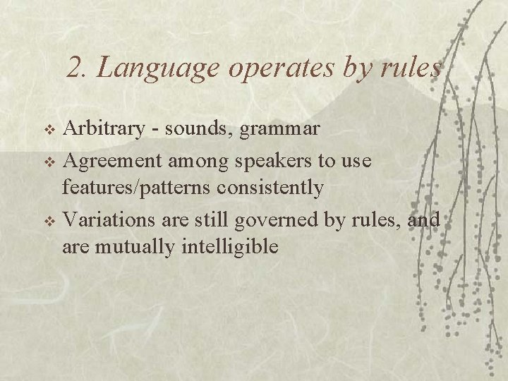 2. Language operates by rules Arbitrary - sounds, grammar v Agreement among speakers to