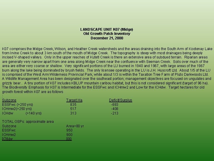 LANDSCAPE UNIT K 07 (Midge) Old Growth Patch Inventory December 21, 2000 K 07
