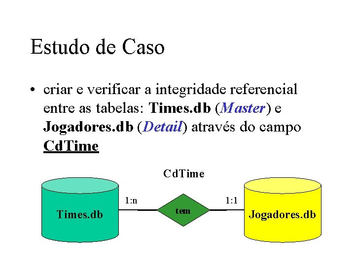 Estudo de Caso • criar e verificar a integridade referencial entre as tabelas: Times.