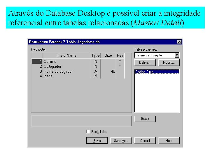 Através do Database Desktop é possível criar a integridade referencial entre tabelas relacionadas (Master/