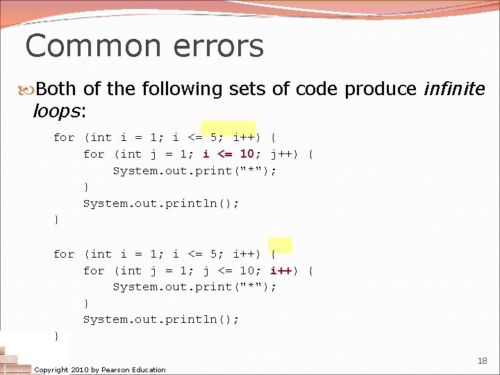 Common errors Both of the following sets of code produce infinite loops: for (int