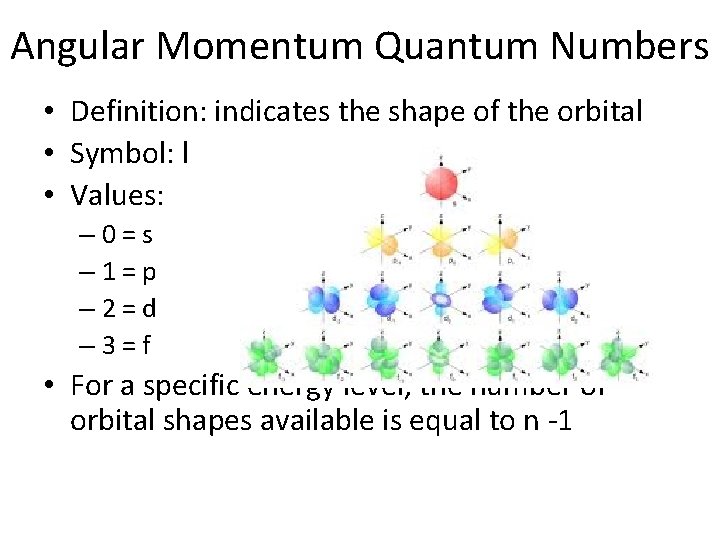 Angular Momentum Quantum Numbers • Definition: indicates the shape of the orbital • Symbol: