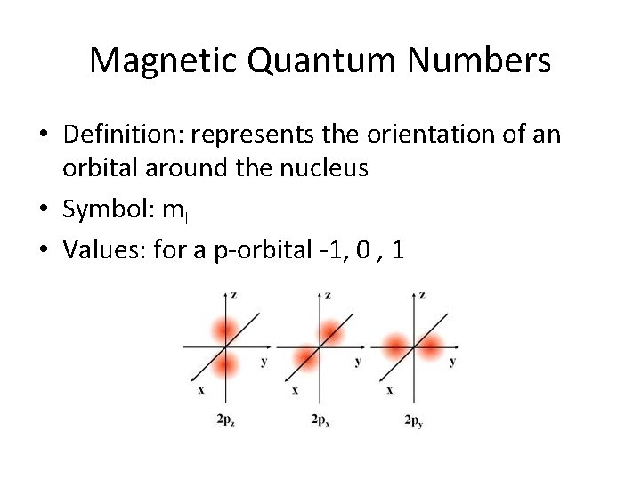 Magnetic Quantum Numbers • Definition: represents the orientation of an orbital around the nucleus