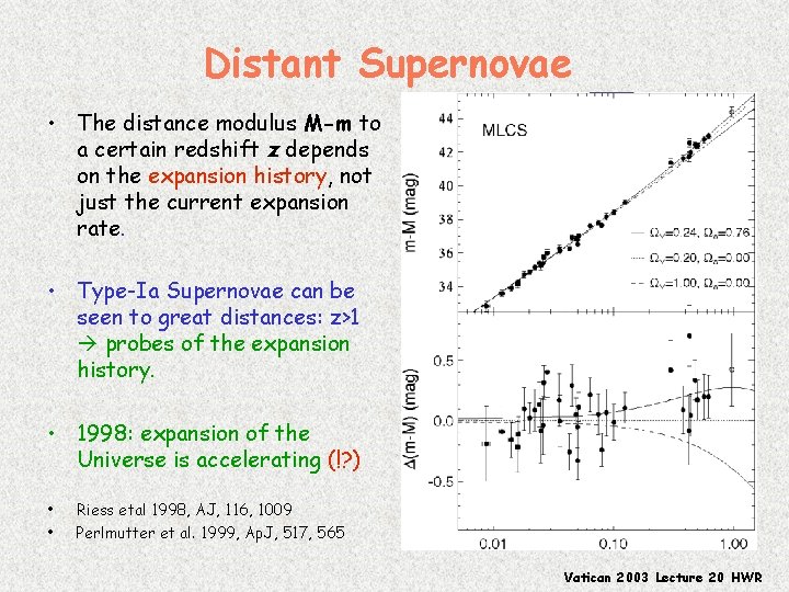 Distant Supernovae • The distance modulus M-m to a certain redshift z depends on
