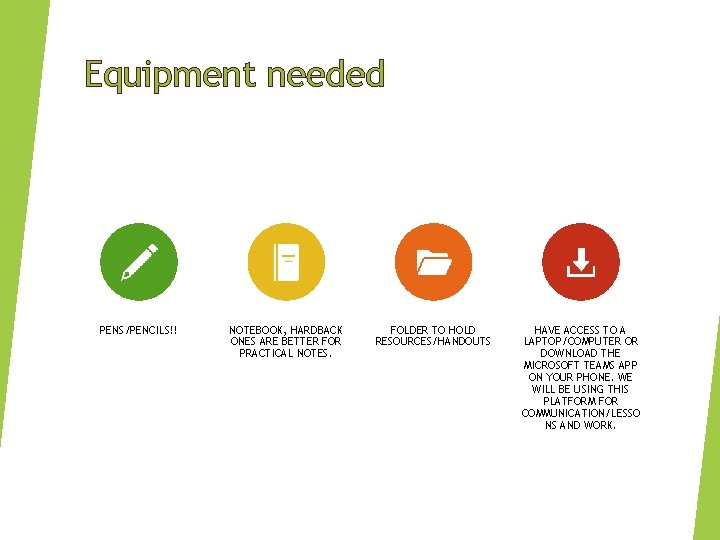 Equipment needed PENS/PENCILS!! NOTEBOOK, HARDBACK ONES ARE BETTER FOR PRACTICAL NOTES. FOLDER TO HOLD