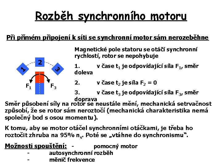 Rozběh synchronního motoru Při přímém připojení k síti se synchronní motor sám nerozeběhne Magnetické