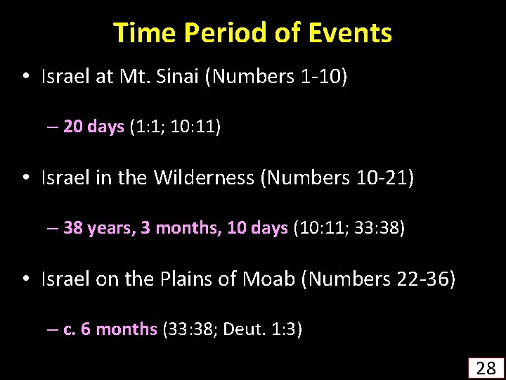 Time Period of Events • Israel at Mt. Sinai (Numbers 1 -10) – 20