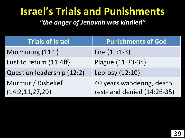 Israel’s Trials and Punishments “the anger of Jehovah was kindled” Trials of Israel Murmuring