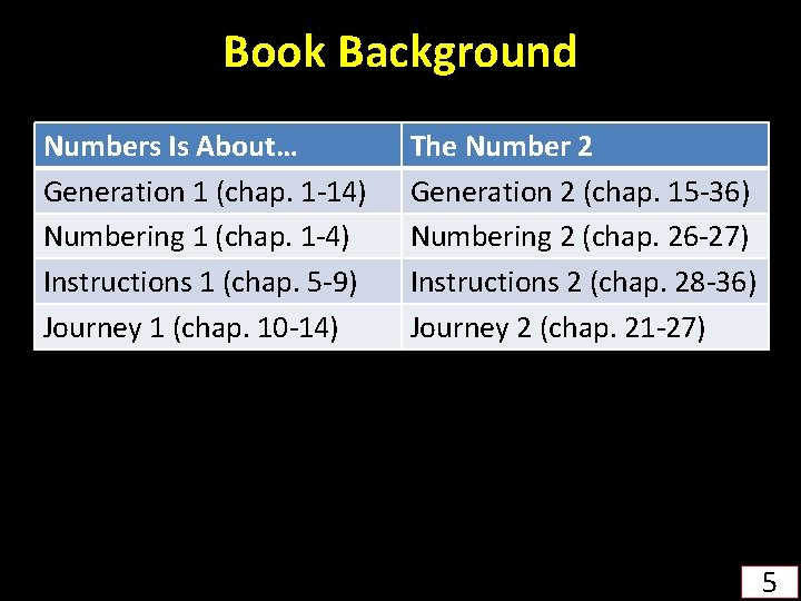 Book Background Numbers Is About… Generation 1 (chap. 1 -14) Numbering 1 (chap. 1