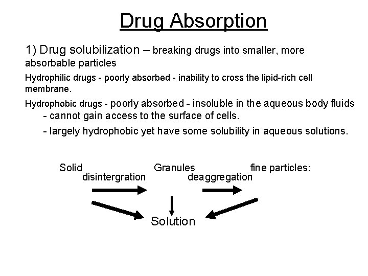 Drug Absorption 1) Drug solubilization – breaking drugs into smaller, more absorbable particles Hydrophilic