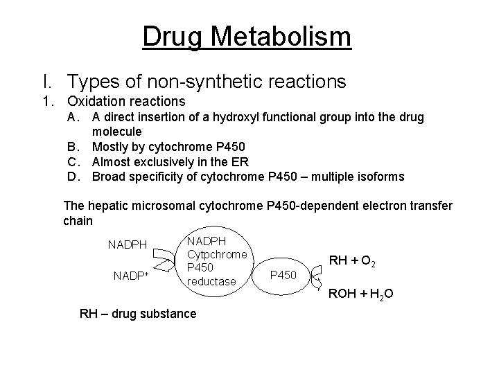 Drug Metabolism I. Types of non-synthetic reactions 1. Oxidation reactions A. A direct insertion