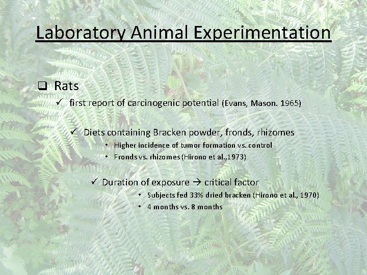 Laboratory Animal Experimentation q Rats ü first report of carcinogenic potential (Evans, Mason. 1965)