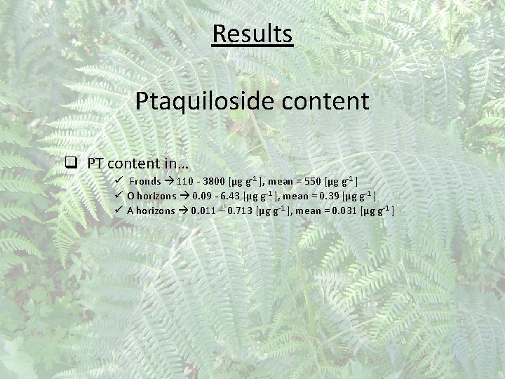 Results Ptaquiloside content q PT content in… ü Fronds 110 - 3800 [μg g-1