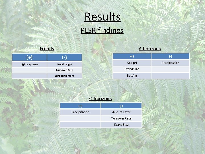 Results PLSR findings Fronds A horizons (+) (-) Frond height Soil p. H Precipitation