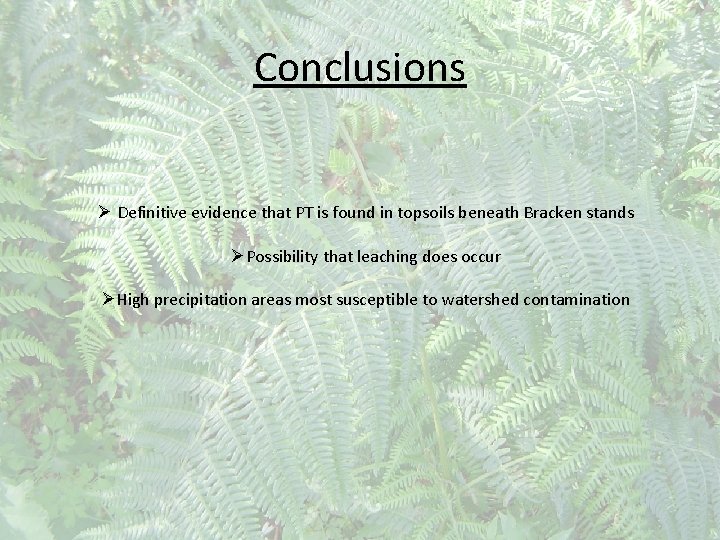 Conclusions Ø Definitive evidence that PT is found in topsoils beneath Bracken stands ØPossibility