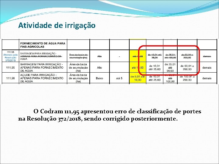 Atividade de irrigação O Codram 111, 95 apresentou erro de classificação de portes na