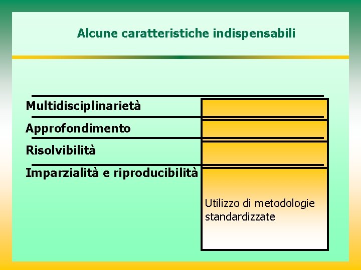 Alcune caratteristiche indispensabili Multidisciplinarietà Approfondimento Coinvolgimento di diverse professionalità Risolvibilità Approfondimento in particolare di