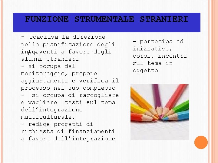 FUNZIONE STRUMENTALE STRANIERI - coadiuva la direzione nella pianificazione degli interventi a favore degli