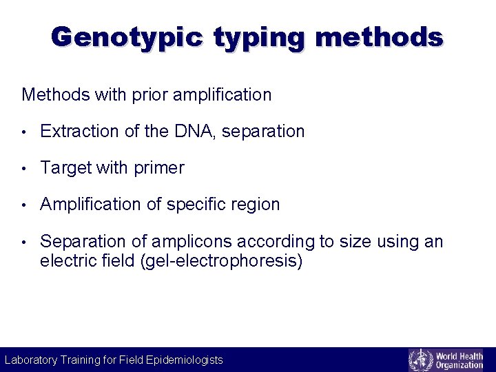 Genotypic typing methods Methods with prior amplification • Extraction of the DNA, separation •