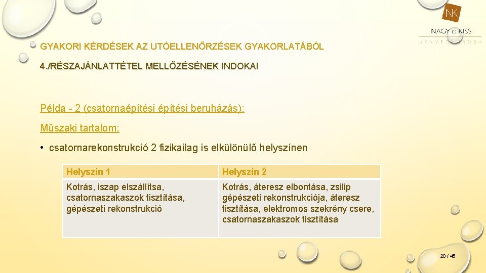 GYAKORI KÉRDÉSEK AZ UTÓELLENŐRZÉSEK GYAKORLATÁBÓL 4. /RÉSZAJÁNLATTÉTEL MELLŐZÉSÉNEK INDOKAI Példa - 2 (csatornaépítési beruházás):