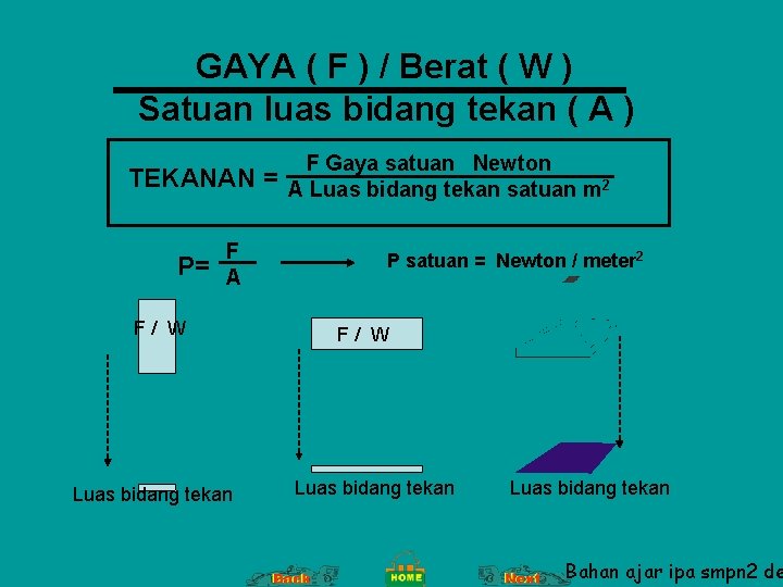 GAYA ( F ) / Berat ( W ) Satuan luas bidang tekan (