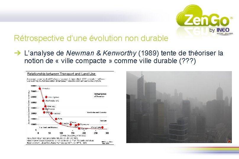 Rétrospective d’une évolution non durable ➔ L’analyse de Newman & Kenworthy (1989) tente de